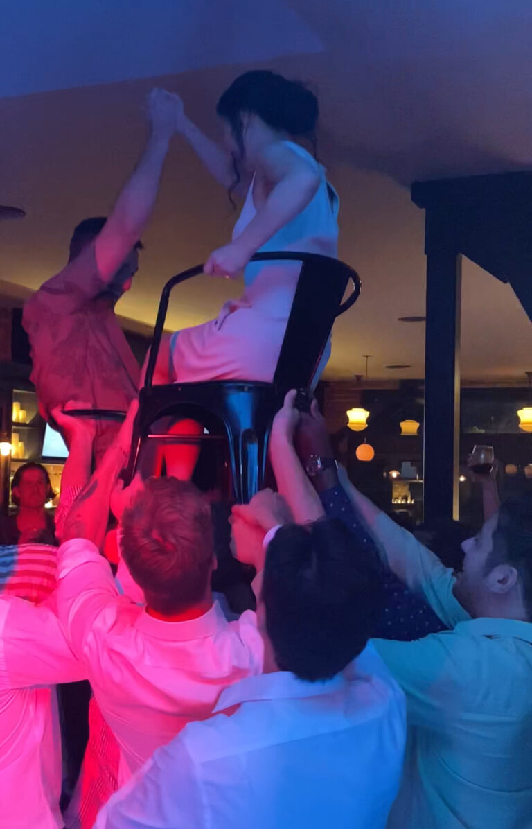 wedding bride groom being held up in chairs, PortaPixie Events